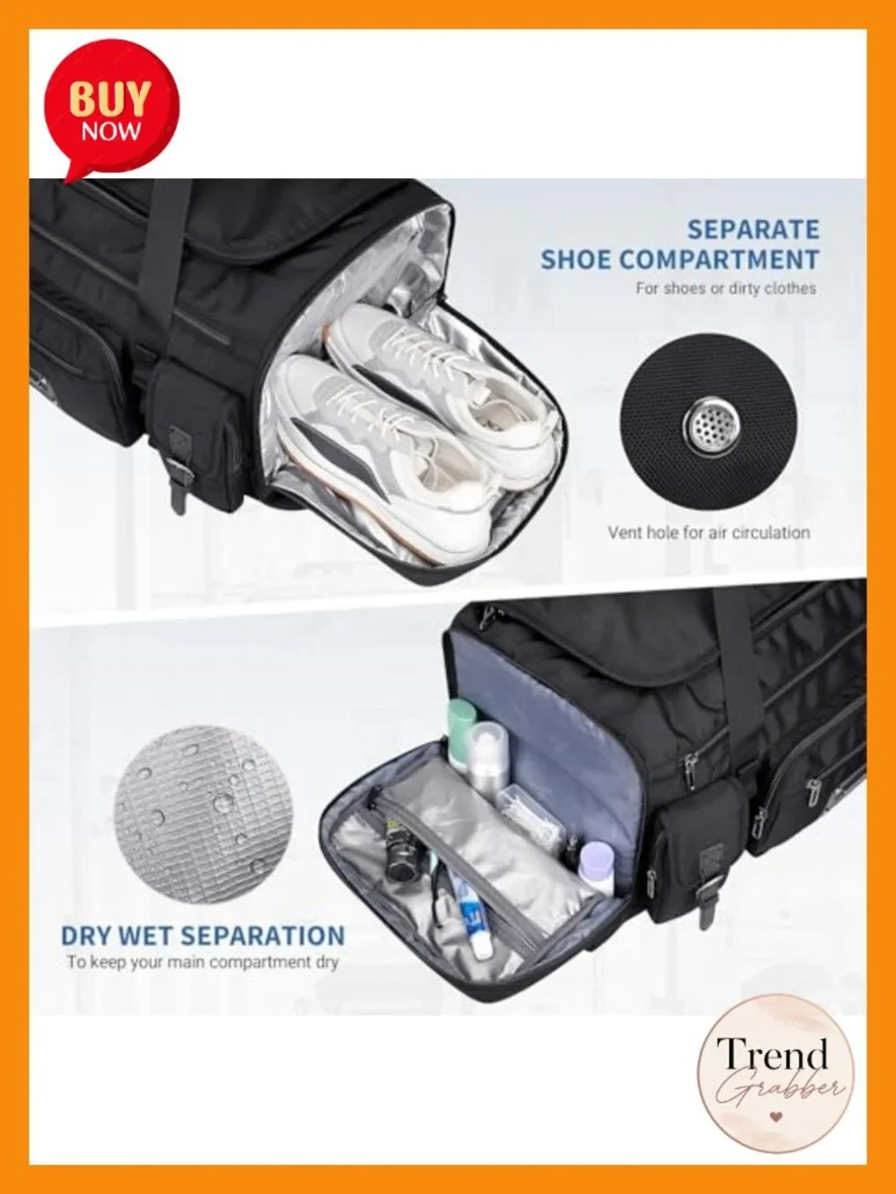 Large 54L Water-Resistant Nylon Travel Duffel Bag with Shoe Compartment and